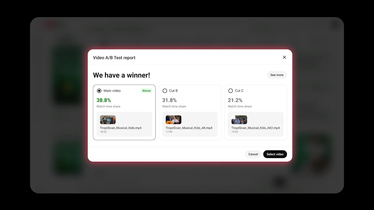 Informe de un test A/B en YouTube Studio: la versión principal ganó con un 38,8% de tiempo de visualización frente al 31,8% y 21,2%