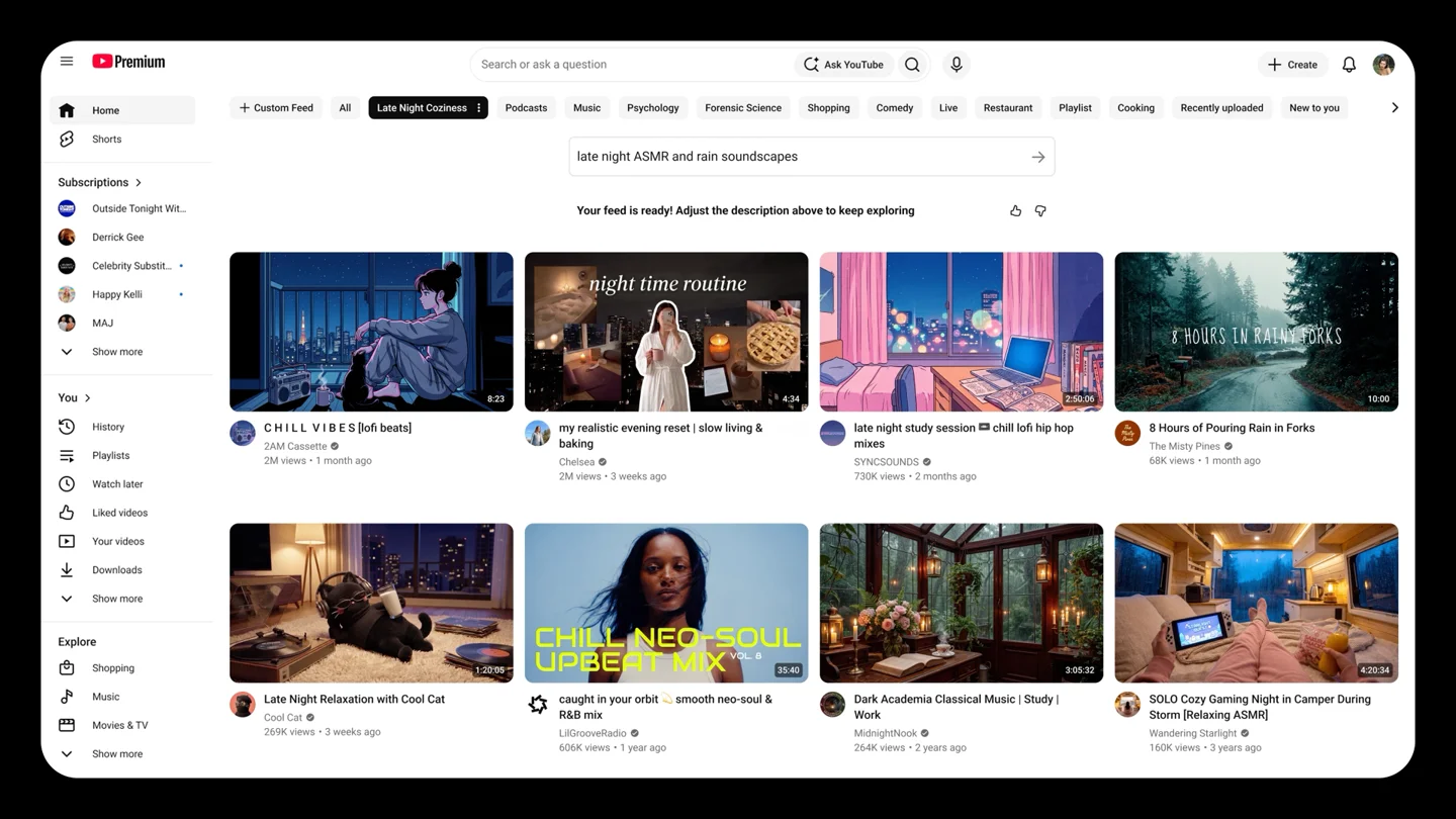 Feed personalizado por descripción: el espectador introdujo «ASMR nocturno y sonidos de lluvia» y recibió una selección de vídeos