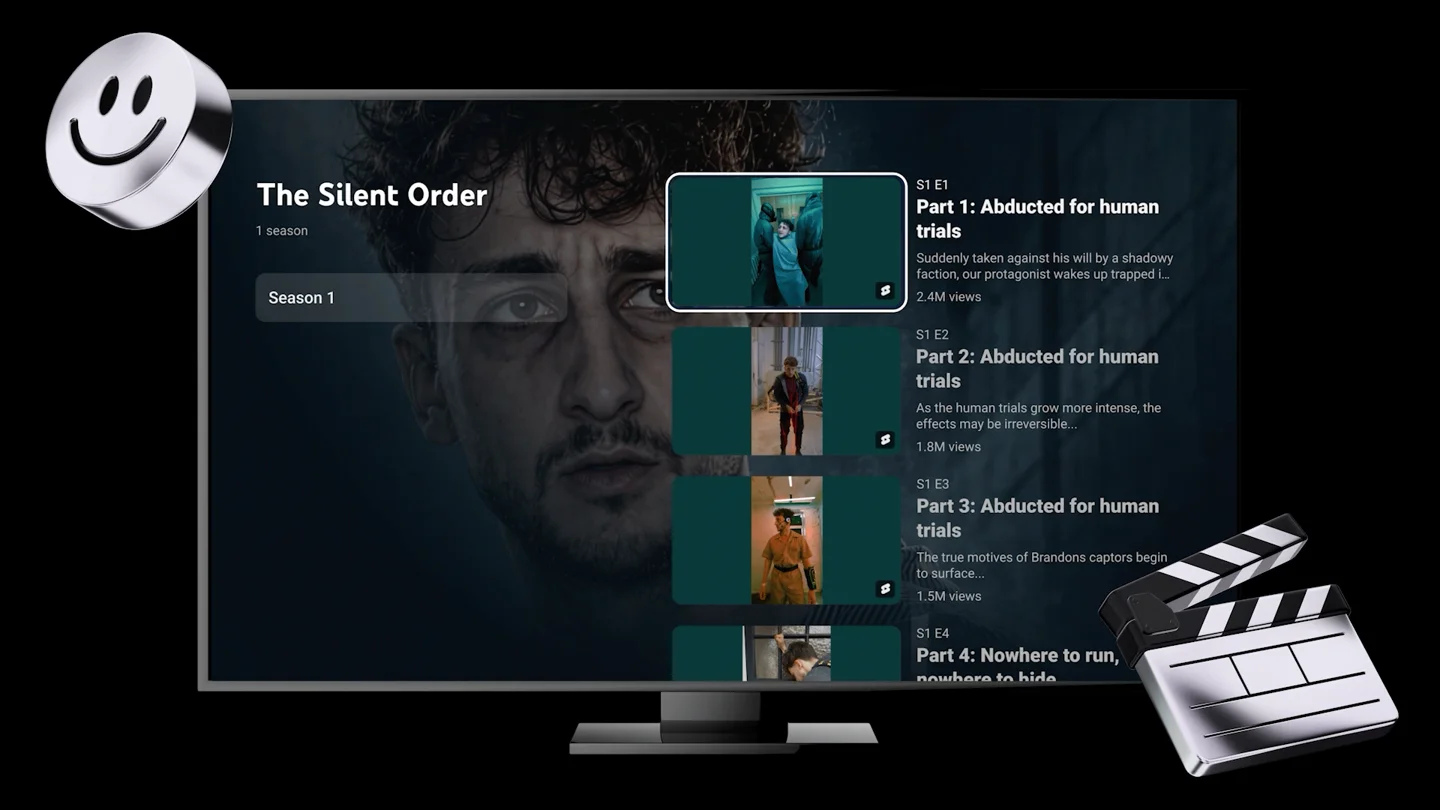 Una serie de Shorts en una pantalla de TV: temporada y lista de episodios con miniaturas y visualizaciones