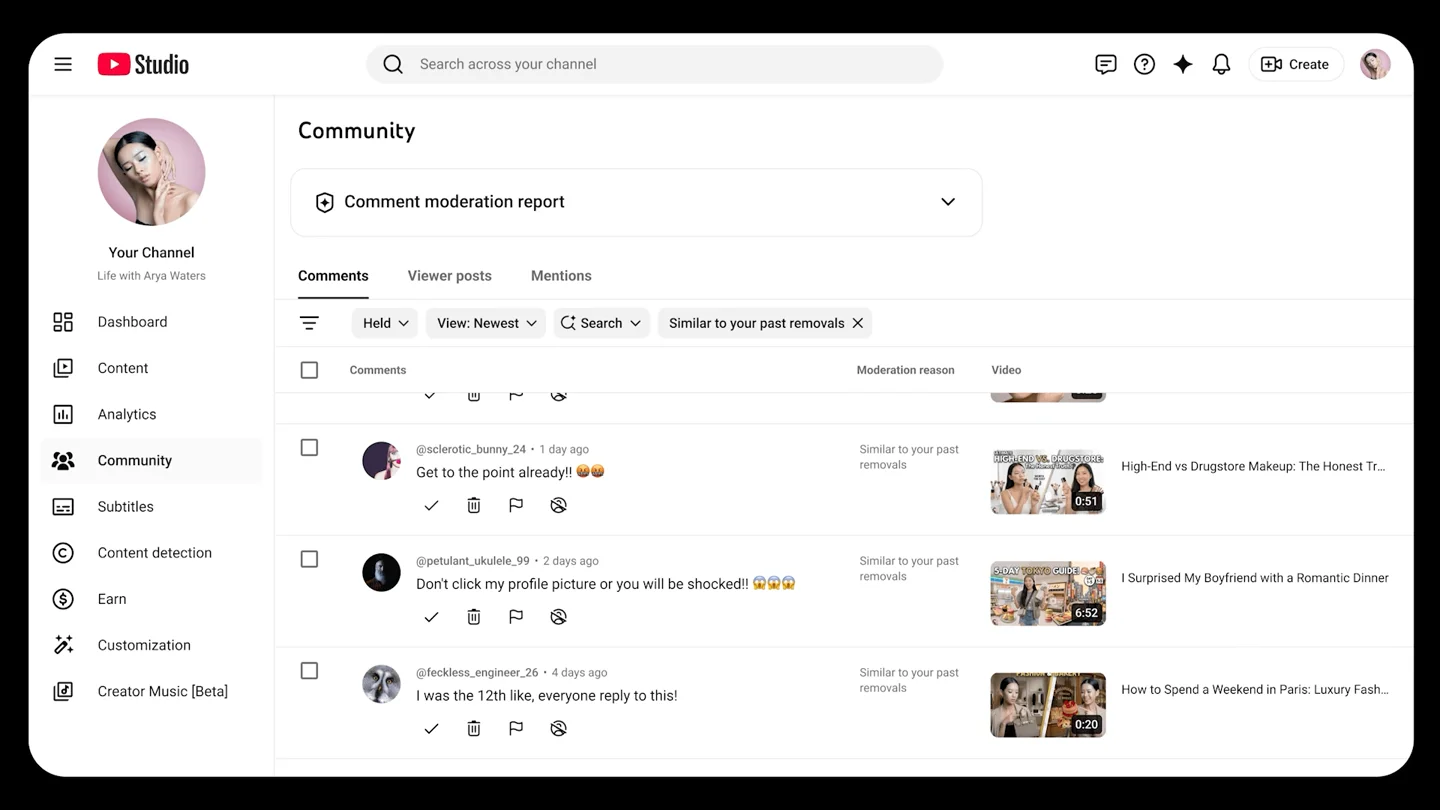 Moderación de comentarios con IA en YouTube Studio: los comentarios similares a los eliminados anteriormente se envían a revisión