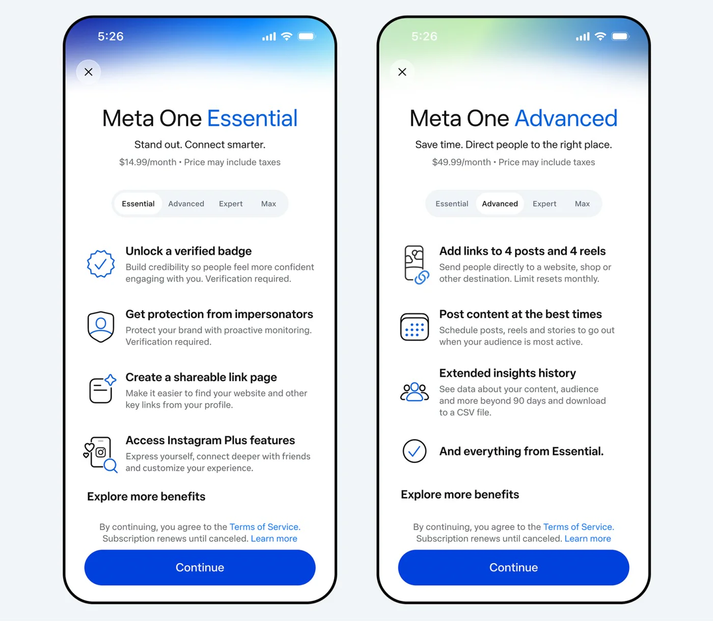 Pantallas de Meta One Essential por $14,99 y Advanced por $49,99: Advanced incluye enlaces en 4 posts y 4 Reels al mes
