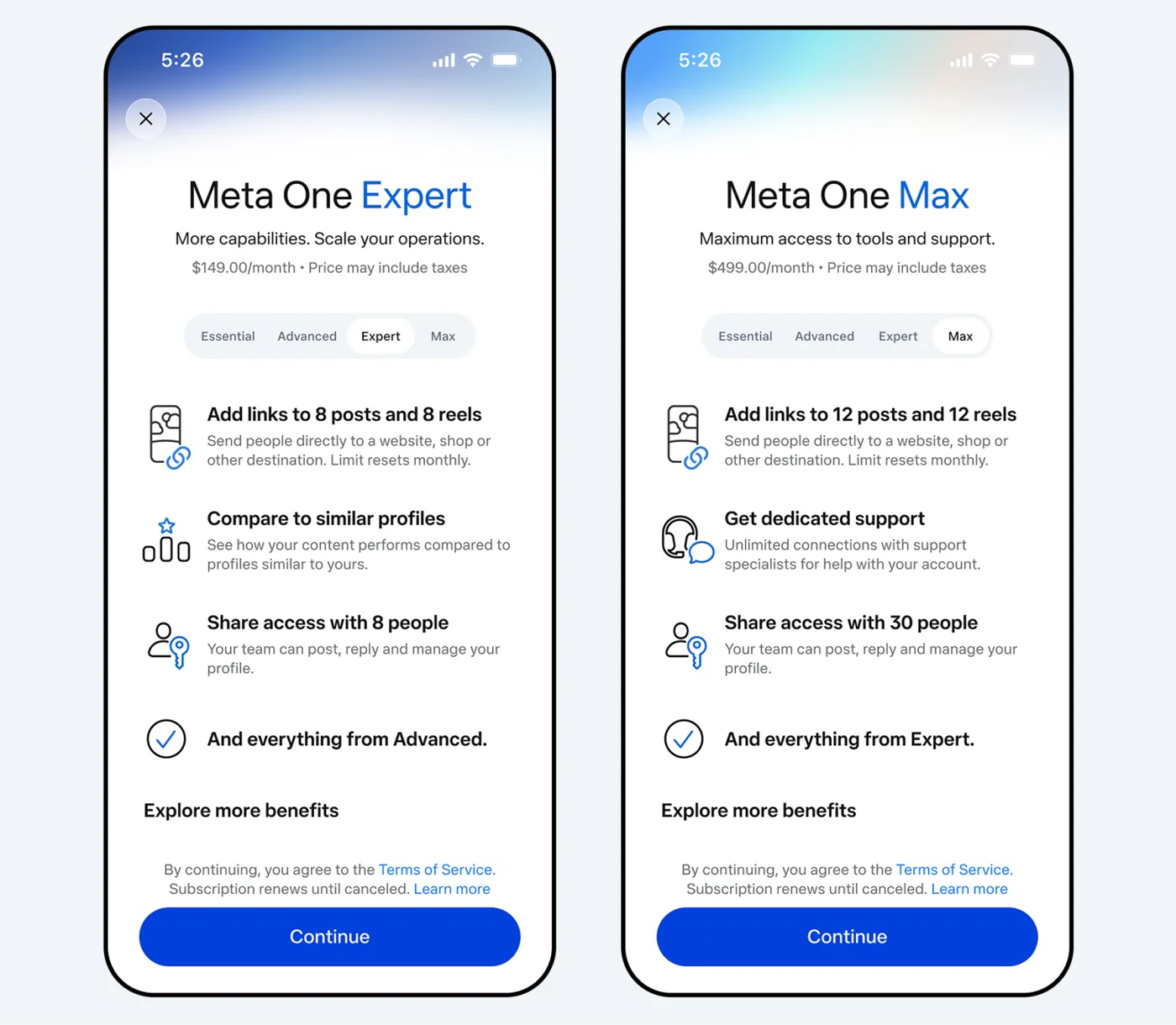 Pantallas de Meta One Expert por $149 y Max por $499: enlaces en 8 y 12 posts y Reels al mes