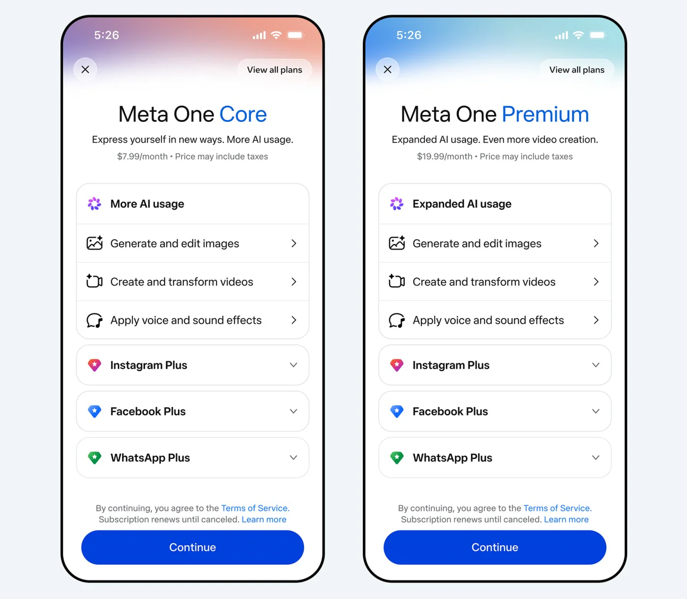 Pantallas de suscripción a Meta One Core por $7,99 y Premium por $19,99 al mes
